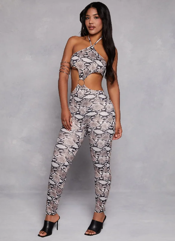 Snake Print O Ring Cut Out Halter Jumpsuit