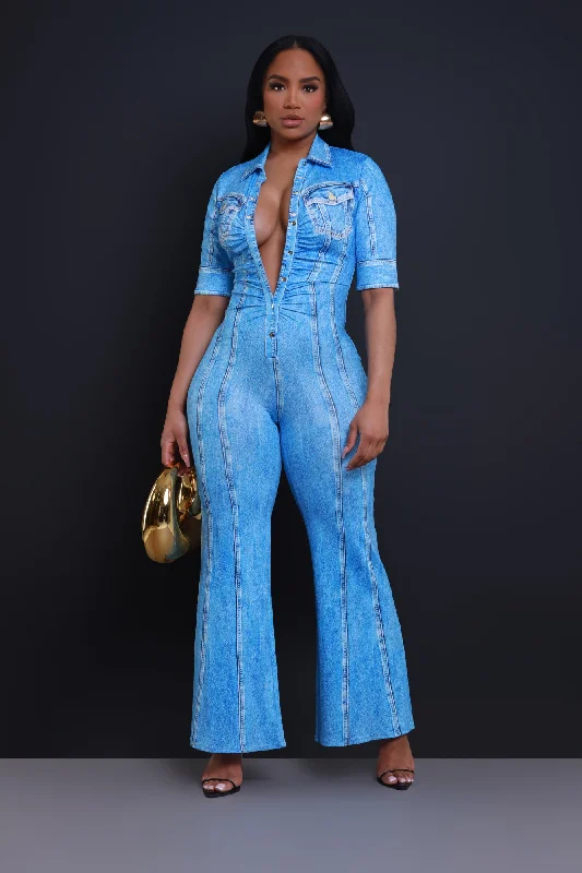 Buckle In Denim Print Jumpsuit - Blue