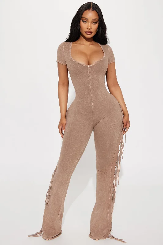 Carry Me Higher Fringe Jumpsuit - Mocha