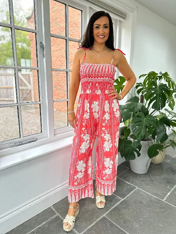 Coral Flower Print Jumpsuit