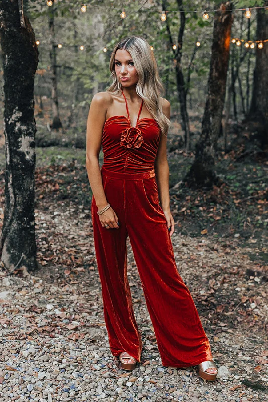 Fall Mixer Velvet Jumpsuit in Rust