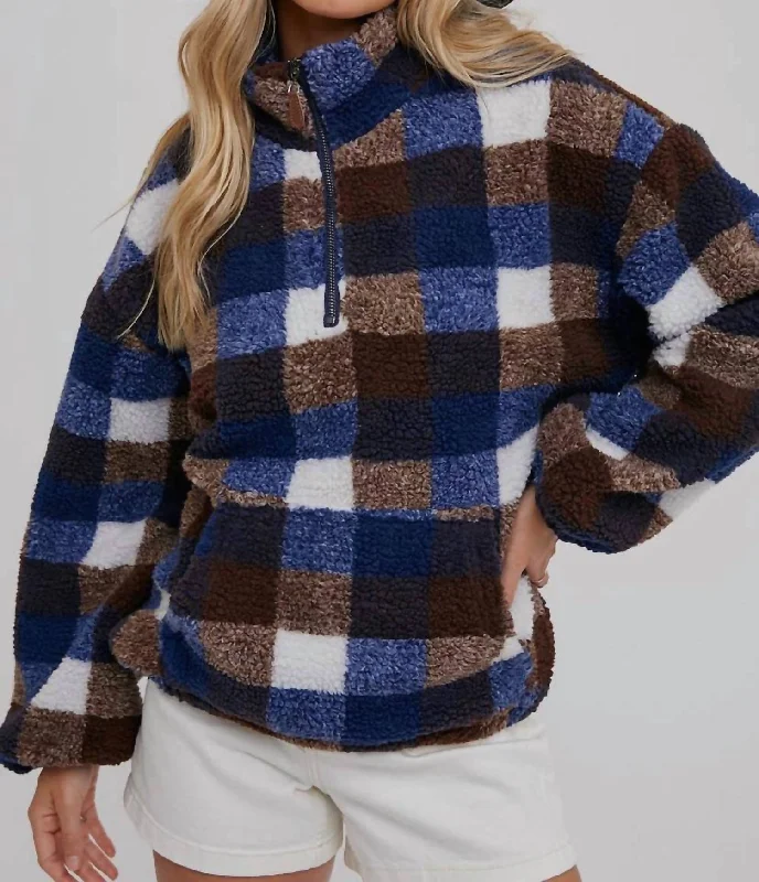 Half-Zip Sherpa Pullover In Plaid Print