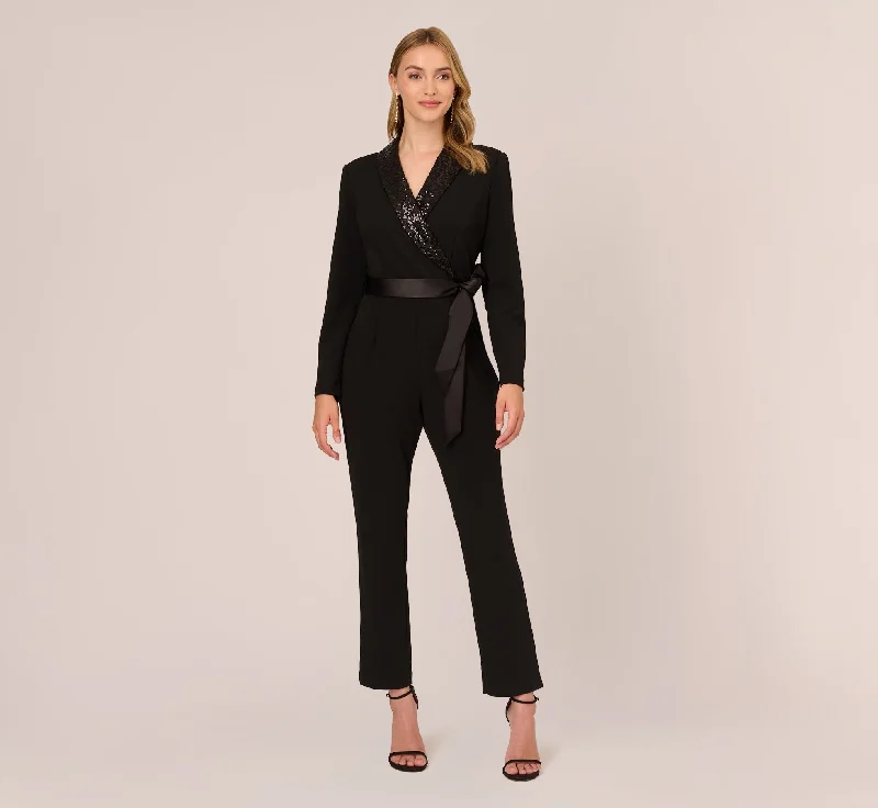 Hand-Sequined Crepe Tuxedo Jumpsuit In Black