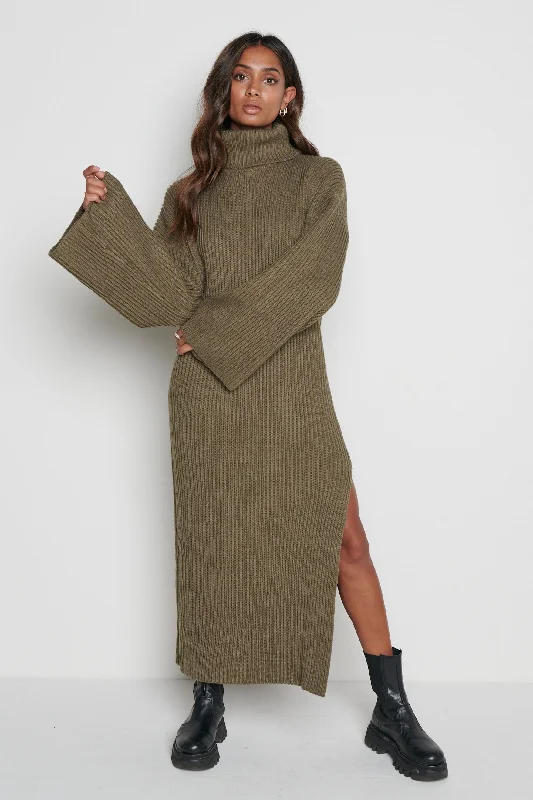 Hattie Ribbed Jumper Dress - Khaki