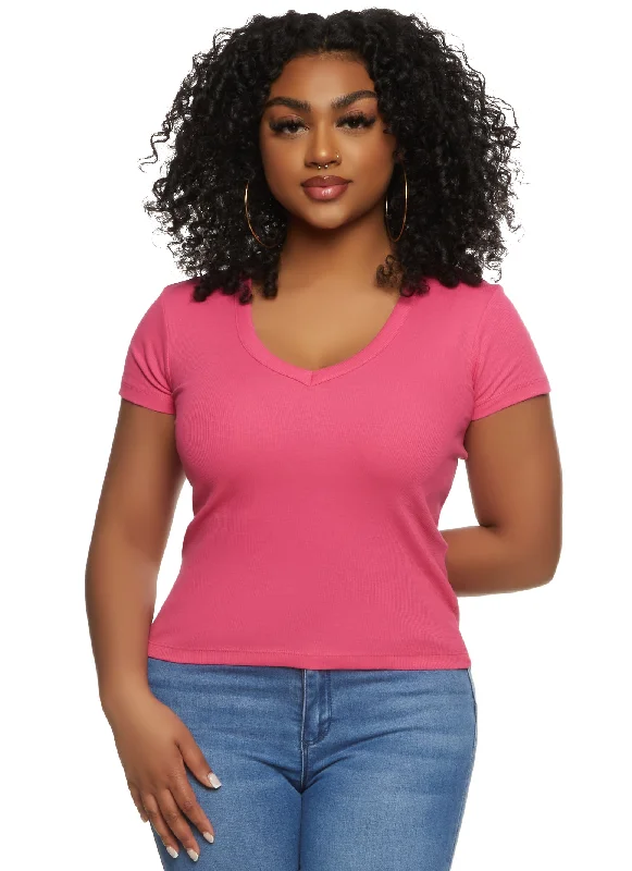 Basic Ribbed V Neck Short Sleeve Tee