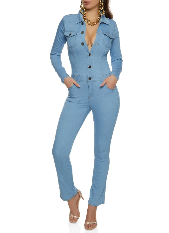 VIP Denim Button Front Long Sleeve Jumpsuit