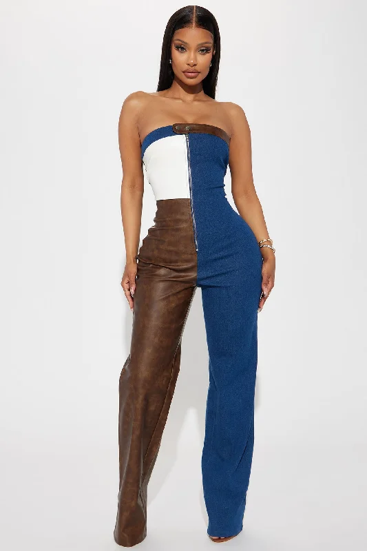 No Blocked Hearts Faux Leather Jumpsuit - Royal/combo