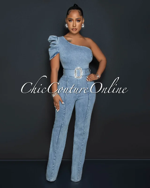 Olimpo Light Denim Single Shoulder Rhinestones Buckle Belt Jumpsuit