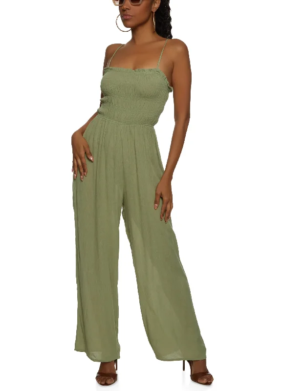 Gauze Knit Smocked Cut Out Back Cami Jumpsuit