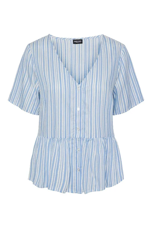 Pieces - Pcalvina Ss Button Down Top - 4472371 Blue Bell Cloud Dancer