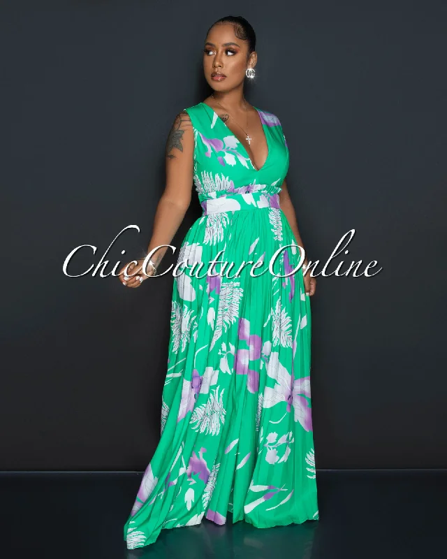 prisca-green-lilac-print-v-neck-pleated-jumpsuit