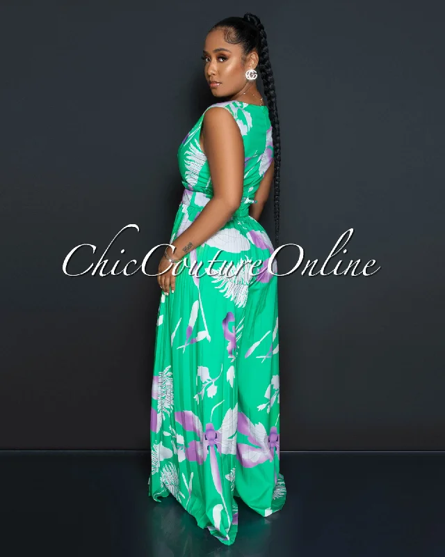 prisca-green-lilac-print-v-neck-pleated-jumpsuit