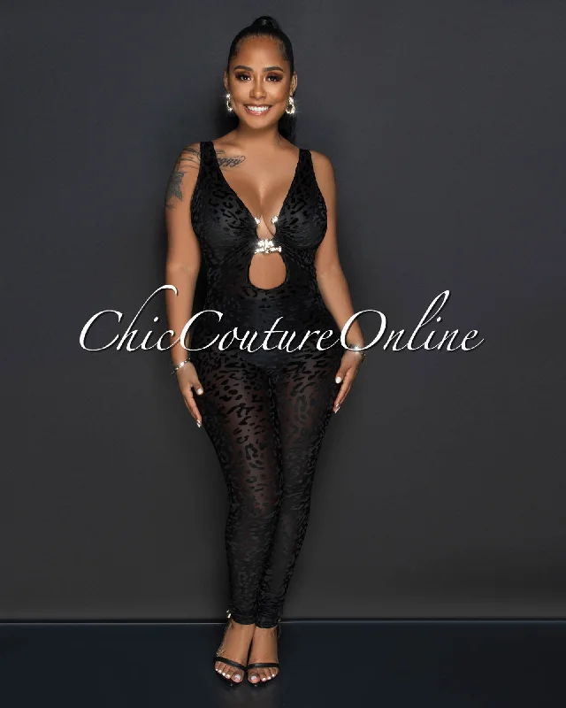 Reece Black Leopard Velvet Texture Gold Accent Sheer Jumpsuit