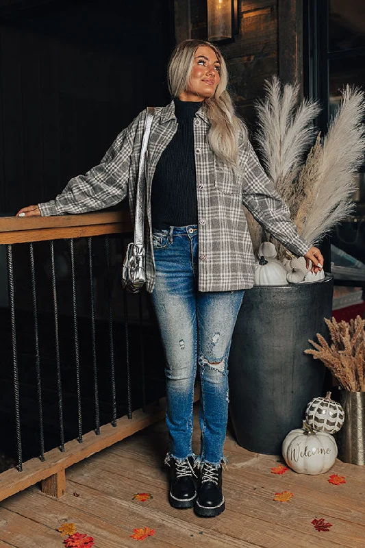 Start The Bonfire Embellished Plaid Jacket in Grey Curves