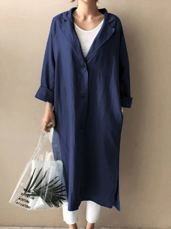 Women Button up Lapel Side Fork Long Sleeve Denim Overshirt with Pocket