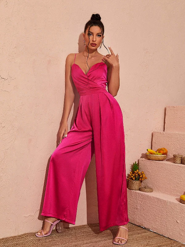 Zariyah Satin V Neck Jumpsuit In Hot Pink